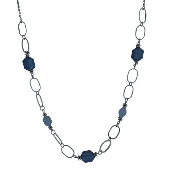 Retro Chunky Blue Beads Silver Tone Chain Statement Necklace Fashion Jewelry - Picture 2 of 6